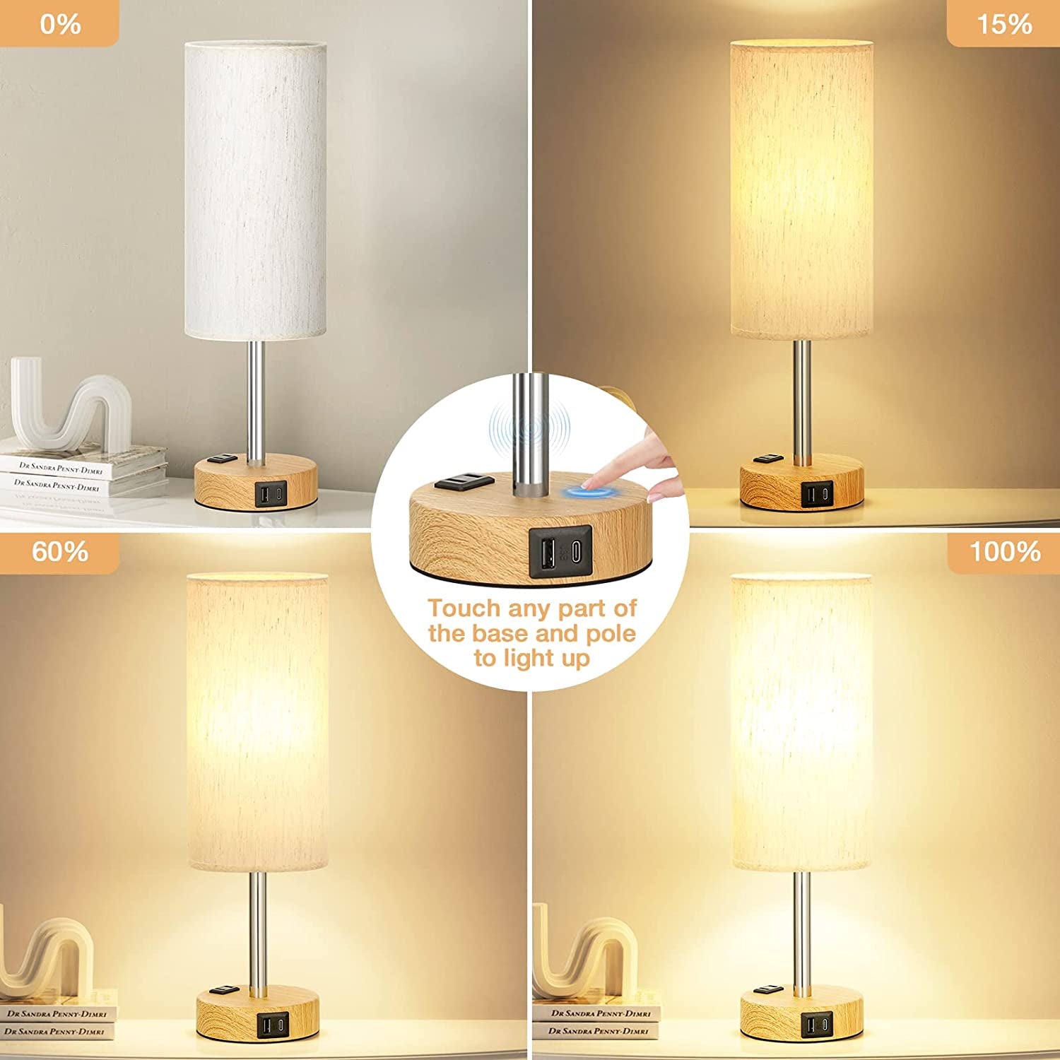 Beside Table Lamp for Bedroom Nightstand - 3 Way Dimmable Touch Lamp USB C Charging Ports and AC Outlet, Small Lamp Wood Base round Flaxen Fabric Shade for Living Room, Office Desk, LED Bulb Included
