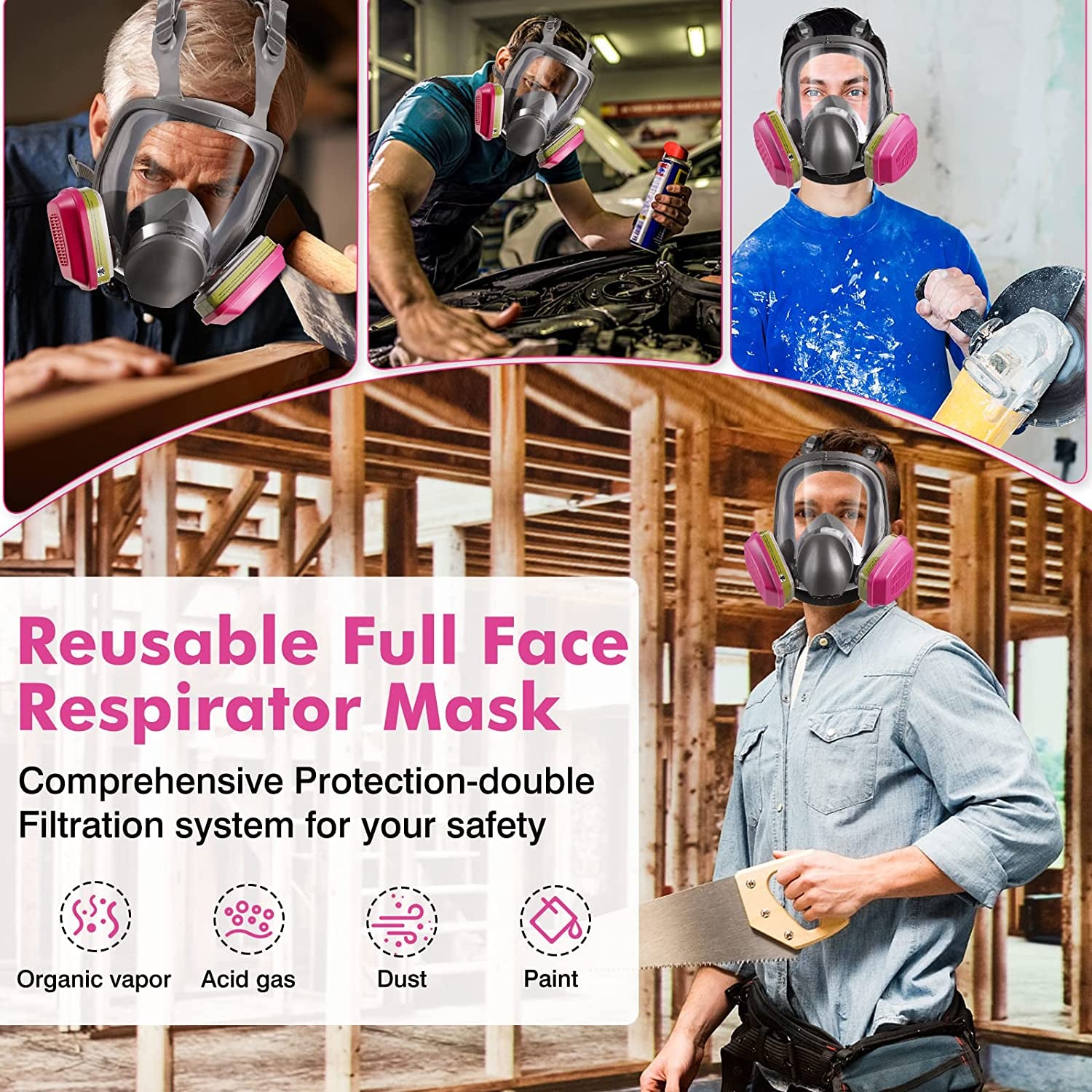 Full-Face Mask Respirator with 60926 Cartridges - Anti-Fog,Reusable Gas Cover Organic Vapor Masks Survival Nuclear,Paint Mask for Painting,Dust,Formaldehyde,Epoxy Resin,Sanding,Cutting,Welding