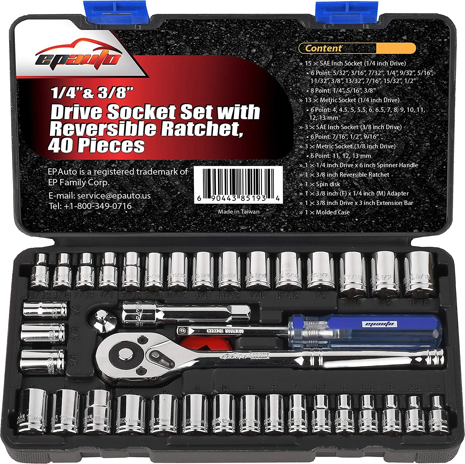 40 Pieces -  1/4-Inch & 3/8-Inch Drive Socket Set with 72 Tooth Reversible Ratchet
