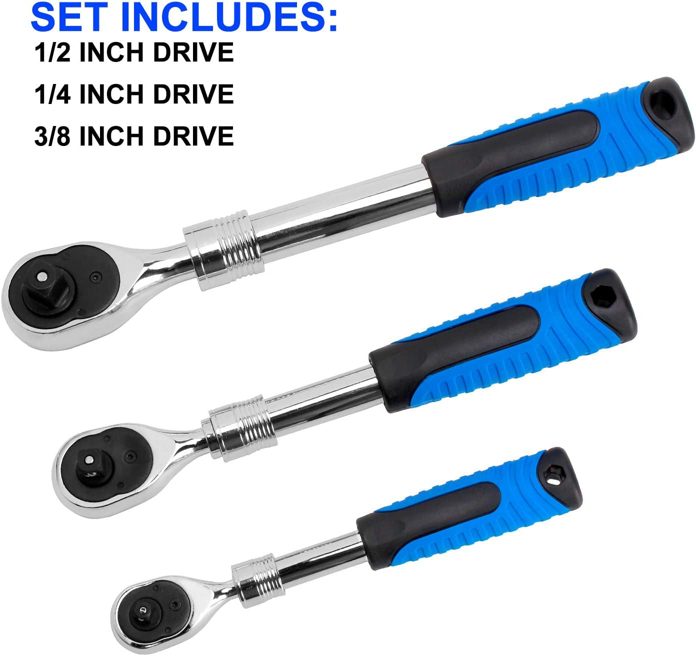 3-Piece Extendable Ratchet Set 1/4" 3/8" 1/2-Inch Drive Socket Wrench 72-Tooth Quick-Release Reversible CR-V Gear Torque Spanner with Soft Grip Handle Hand Tools
