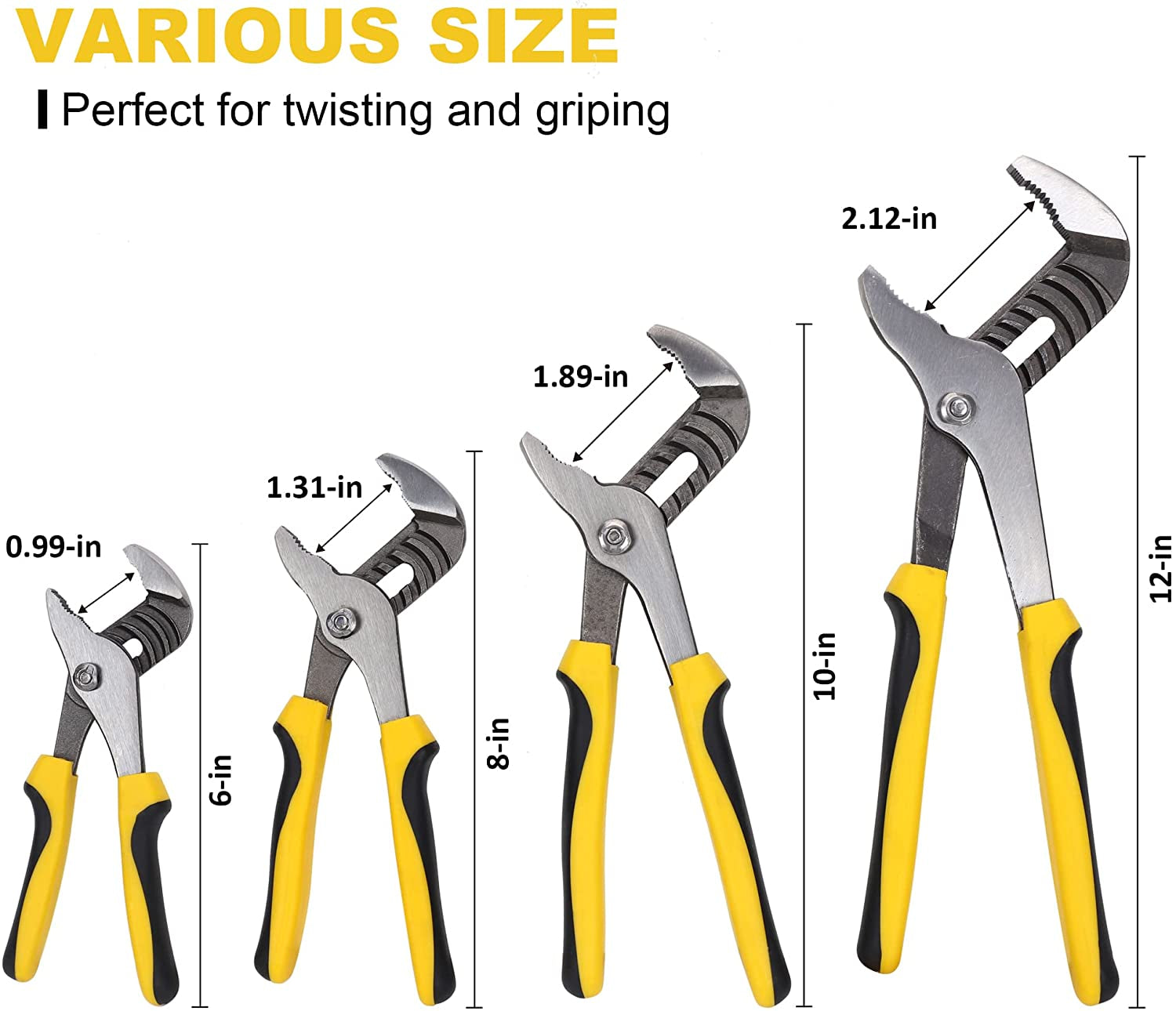 4-Piece Groove Joint Pliers Set with Bi-Material Handles, Tongue and Groove Pliers Set Included 12-In, 10-In, 8-In and 6-In, Perfect for Plumbing Repair and Basic Home Maintenance