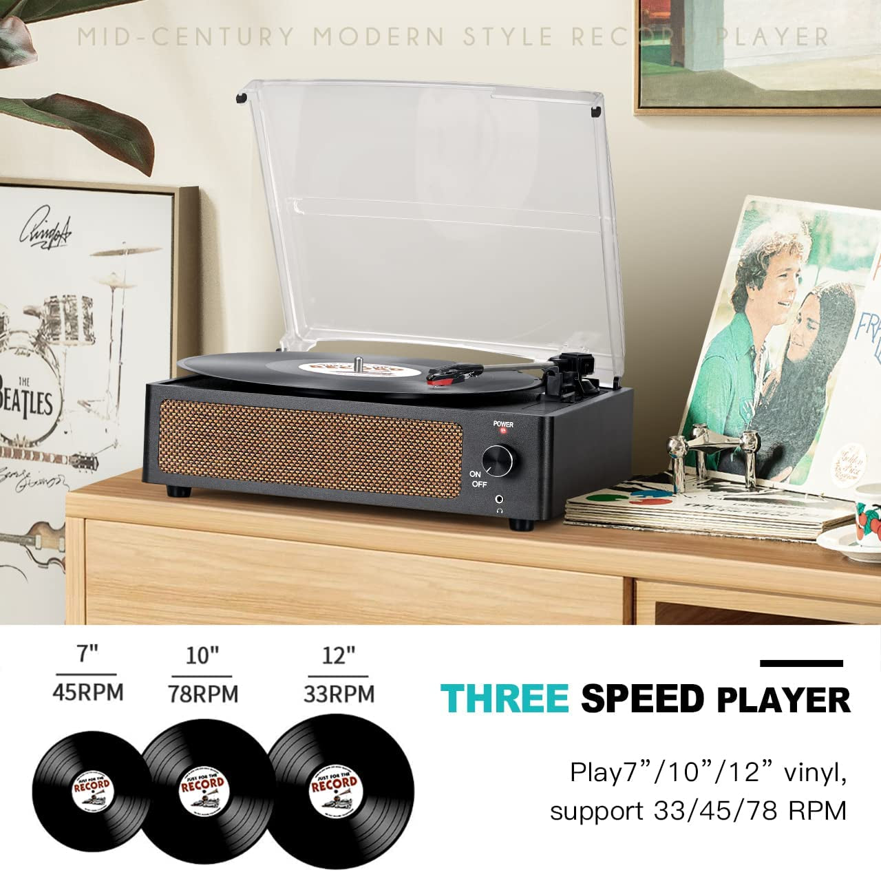 Vinyl Record Player with Speaker Vintage Turntable for Vinyl Records, Belt-Driven Turntable Support 3-Speed, Wireless Playback, Headphone, Aux-In, RCA Line LP Vinyl Players for Sound Enjoyment Black