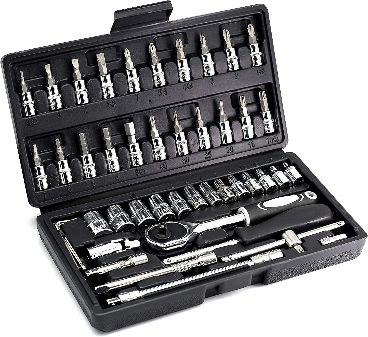 46PCS 1/4 Inch Drive Socket Set,Metric Ratchet Wrench Set with 4-14Mm CR-V Sockets,S2 Bits,Extension Bars,Mechanic Tool Kits for Household Auto Repair