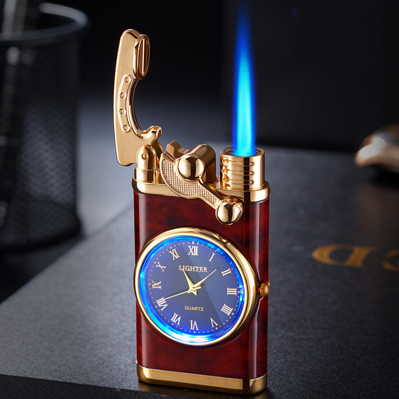 New Lighter with Electric Watch Rocker Arm Automatic Ignition Straight Blue Flame Lighter Creative Real Dial Inflatable Windproof Lighter Men'S Watch Gift