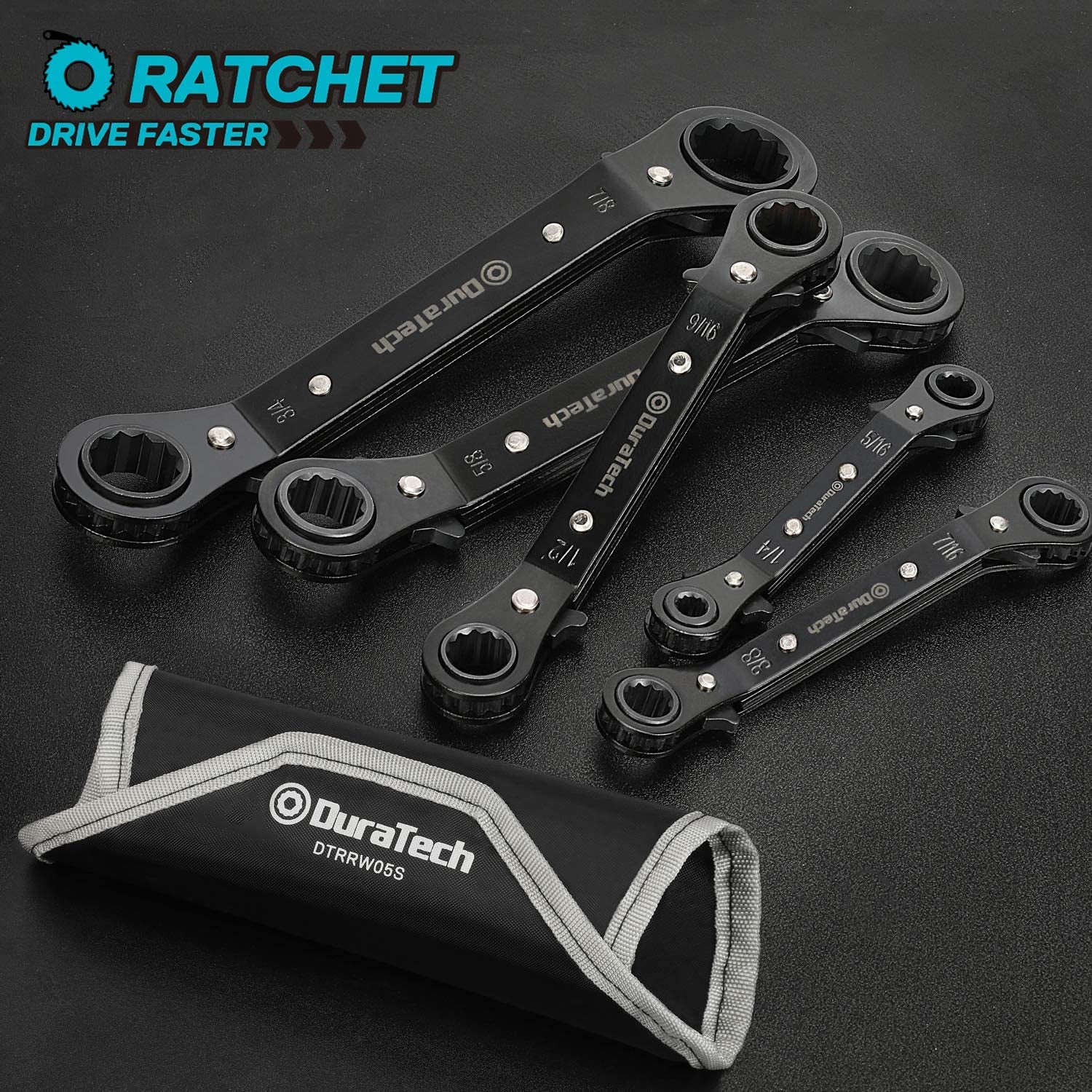 5 Pc Double Offset Box End Reversible Ratcheting Wrench Set, SAE, Heavy-Duty, Matte Chrome Plated, Ratchet Spanner Crooked for Narrow Spaces (1/4 - 7/8 Inch)