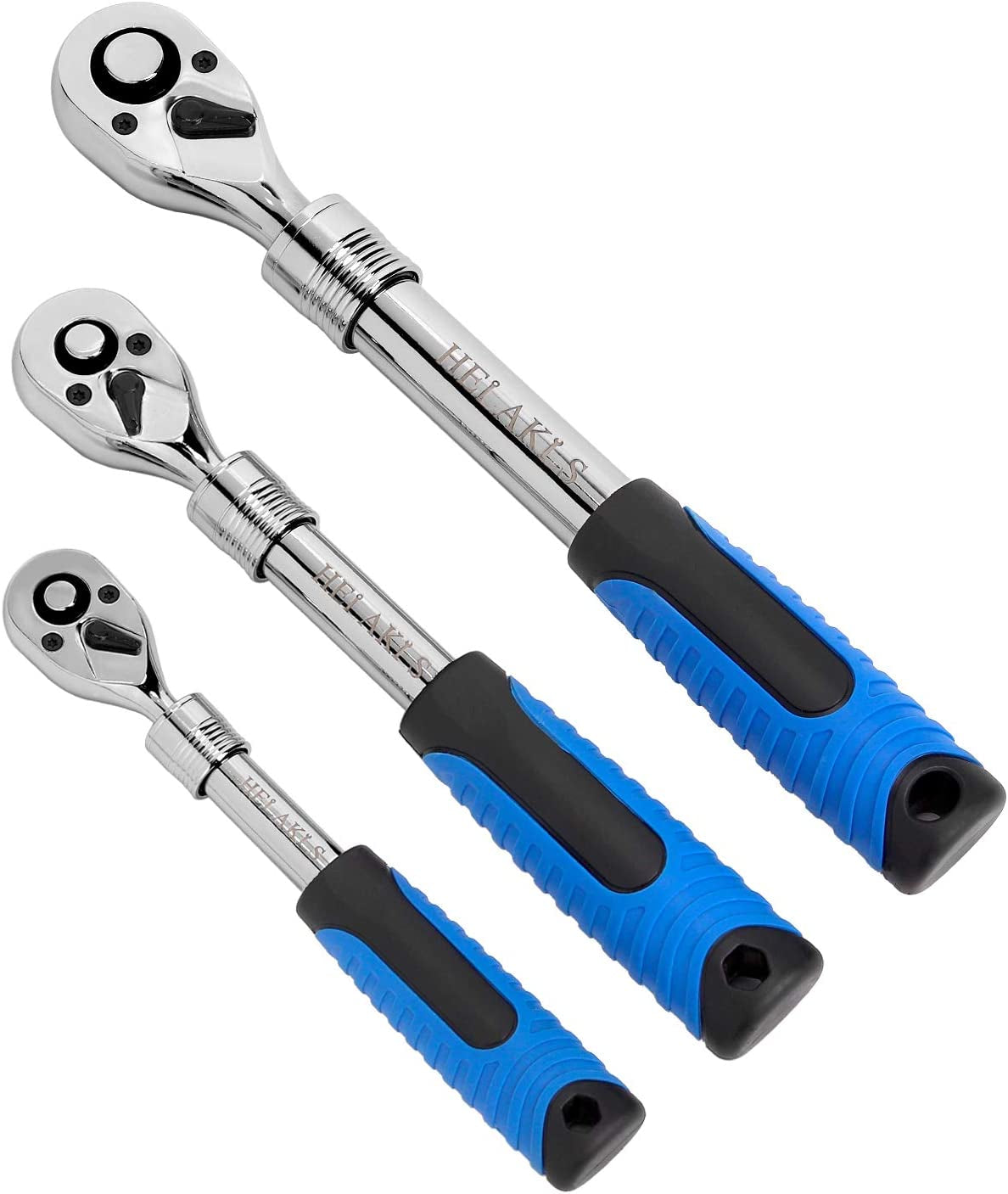 3-Piece Extendable Ratchet Set 1/4" 3/8" 1/2-Inch Drive Socket Wrench 72-Tooth Quick-Release Reversible CR-V Gear Torque Spanner with Soft Grip Handle Hand Tools