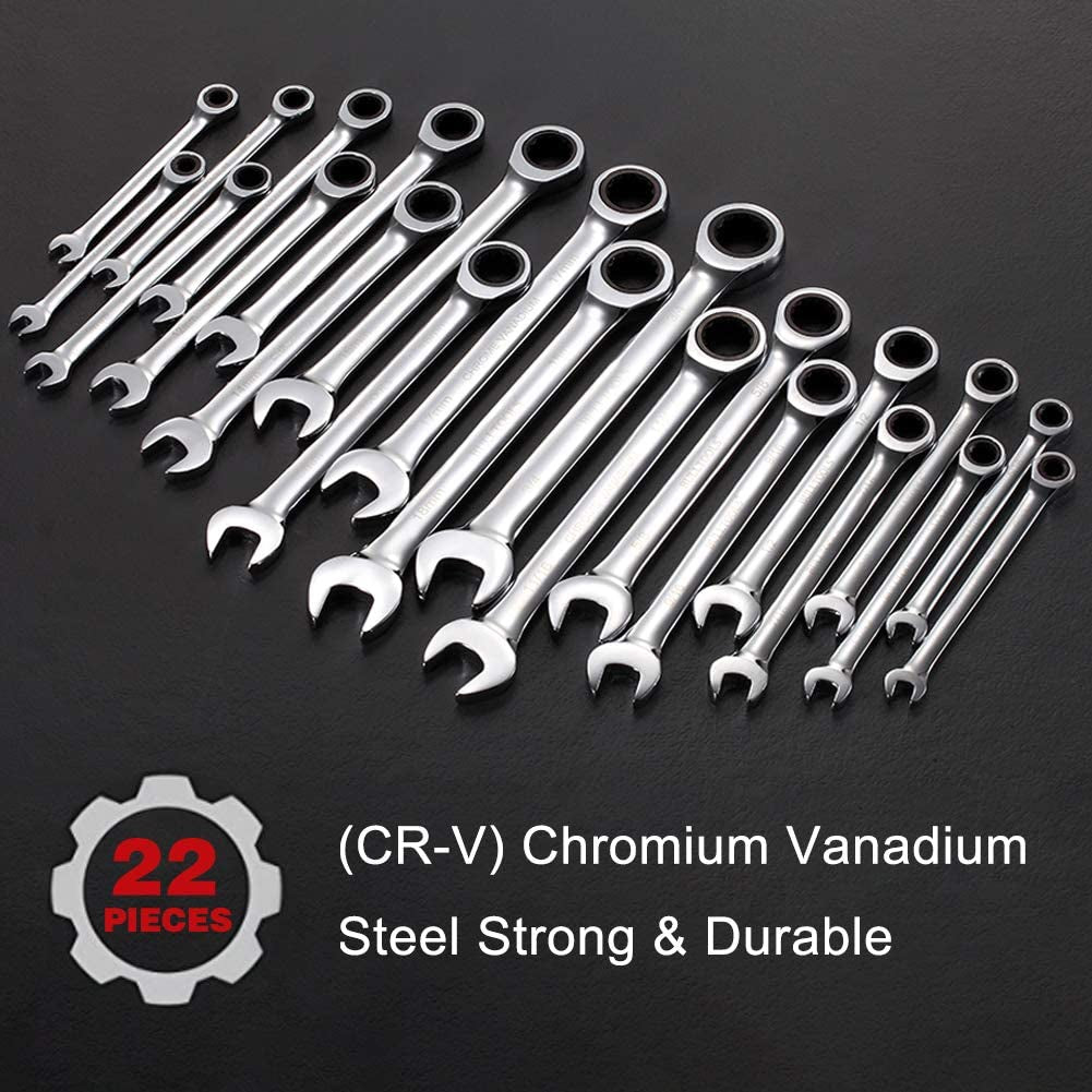 22-Piece Ratchet Wrenches Chrome Vanadium Steel Ratcheting Wrench Set with Metric and SAE 72-Tooth Box End and Open End Standard Wrench Set with Organizer Box