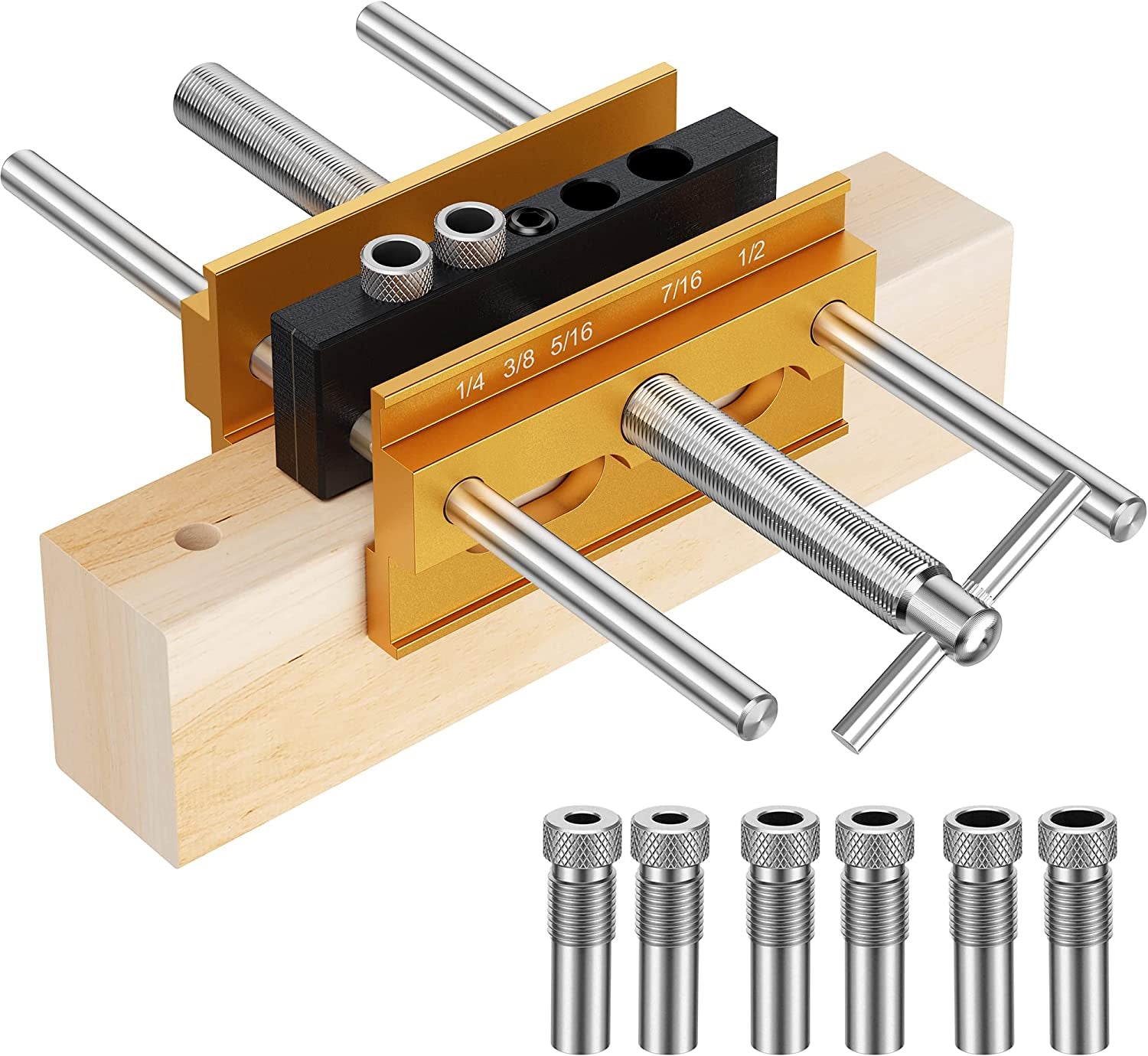 Kolvoii , Dowel Jig for Straight Holes, Adjustable Width Woodworking Locator Joints Set with 3 Size Titanium Coated Drill Bits, 6 Bushings(Gold)