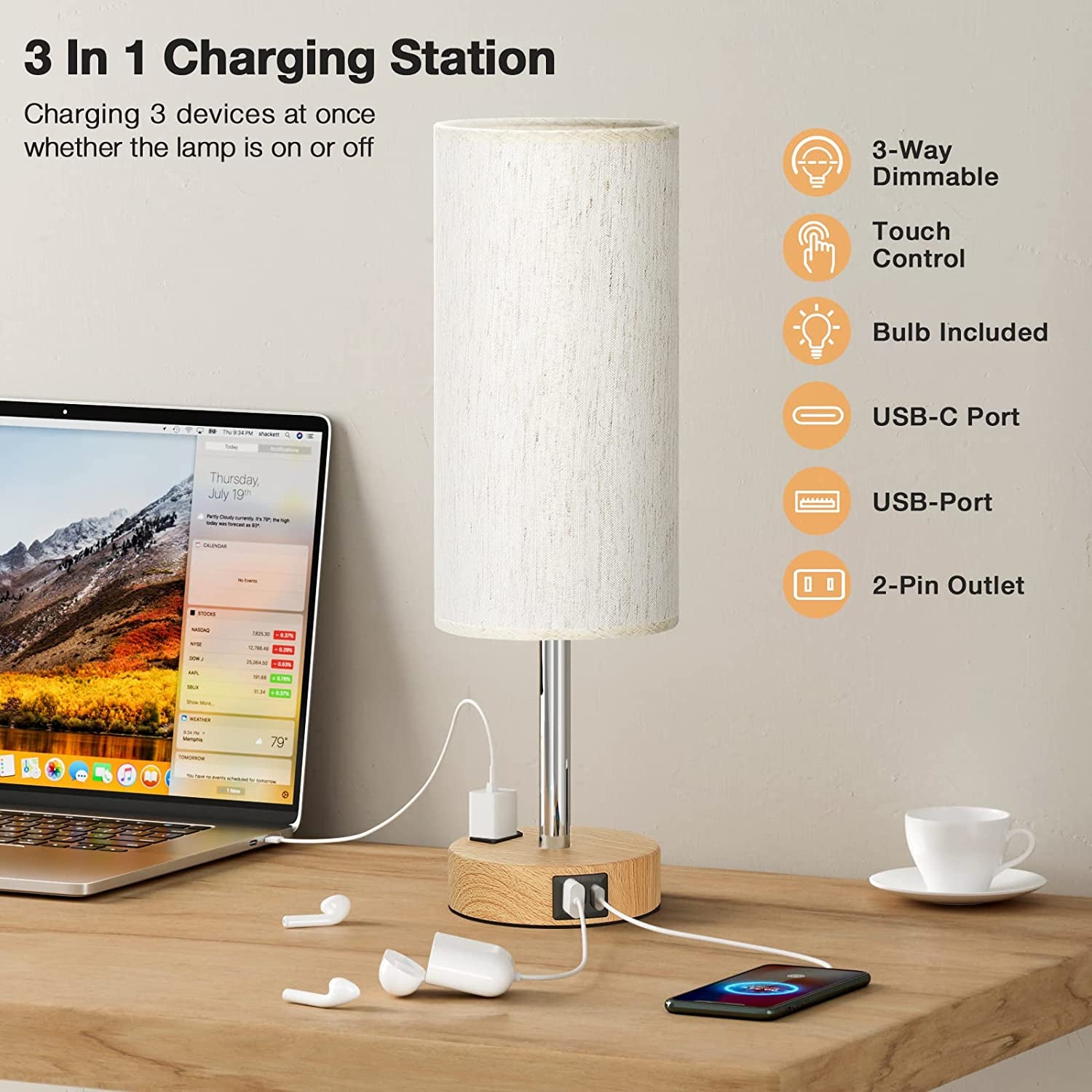 Beside Table Lamp for Bedroom Nightstand - 3 Way Dimmable Touch Lamp USB C Charging Ports and AC Outlet, Small Lamp Wood Base round Flaxen Fabric Shade for Living Room, Office Desk, LED Bulb Included